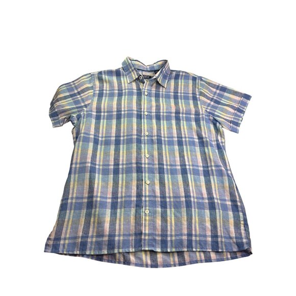 Izod Mens Short Sleeve Plaid Button Front Shirt Size L Linen Blend New - Picture 1 of 8